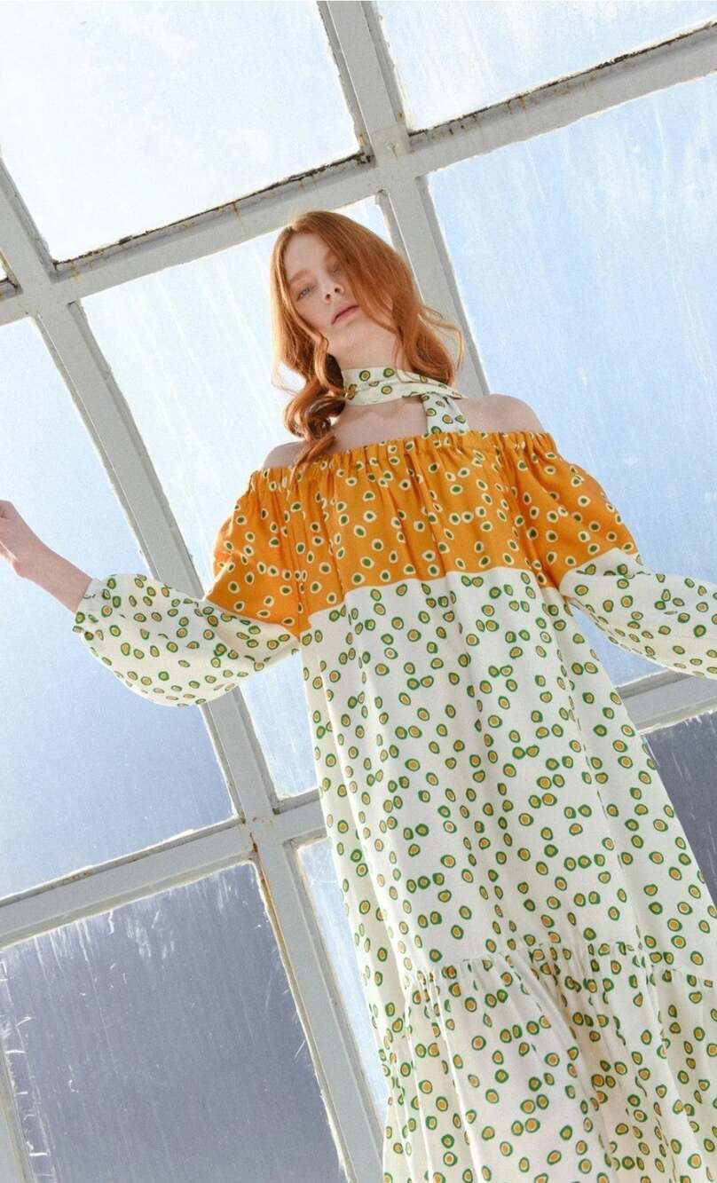 $1243 Silvia Tcherassi Womens Green Dot Tavira Off Shoulder Midi A-Line Dress XS
